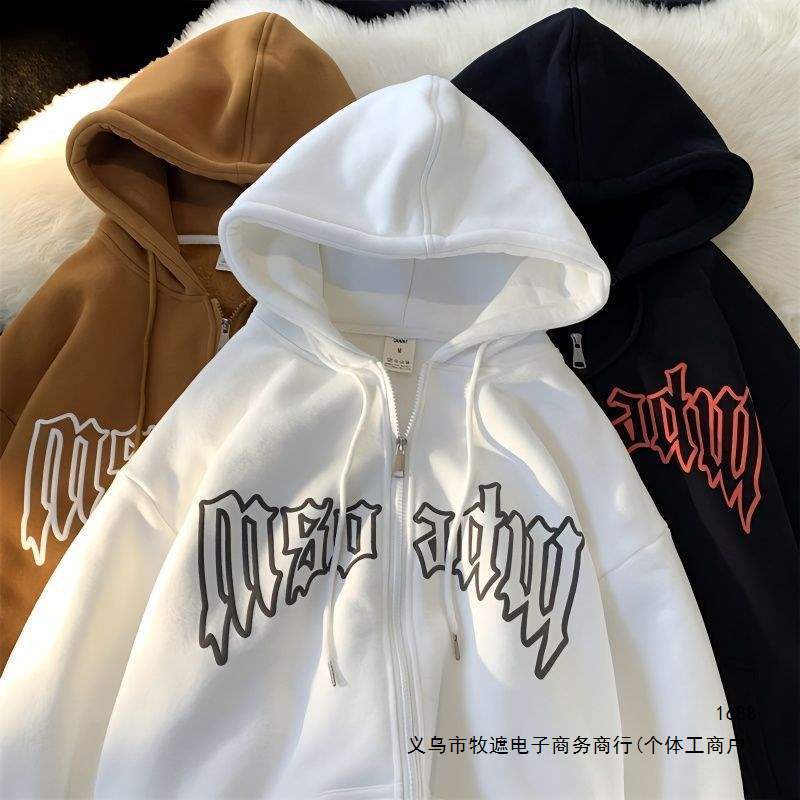 美式vibe风复古开衫拉链外套女春秋款情侣装帅气百搭ins连帽卫衣