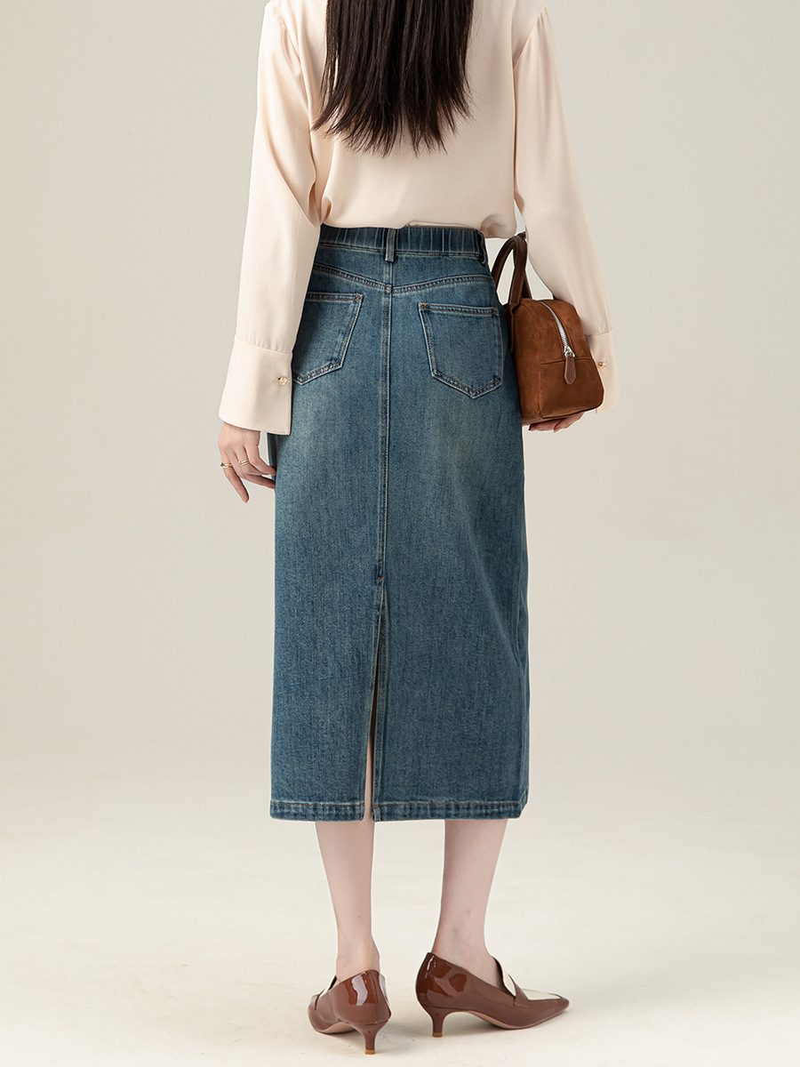 Chân váy denim Lyocell nữ xẻ tà sau, cạp cao ôm dáng dáng thẳng — Màu xanh lam