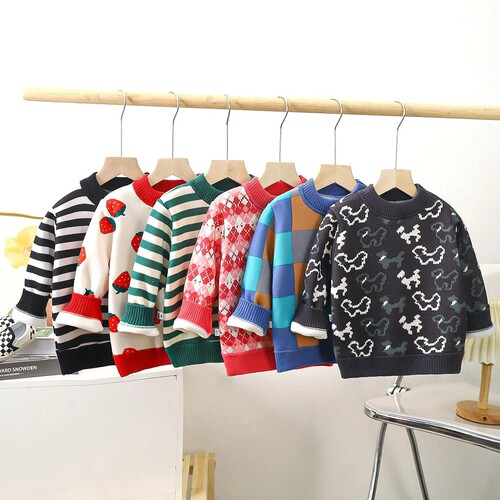 Children's and girls' padded and thick crew neck sweaters for autumn and winter, stylish knitted shirts for kids