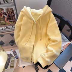 优质慵懒风秋冬款奶黄色开衫拉链连帽卫衣女百搭大码宽松韩版外套