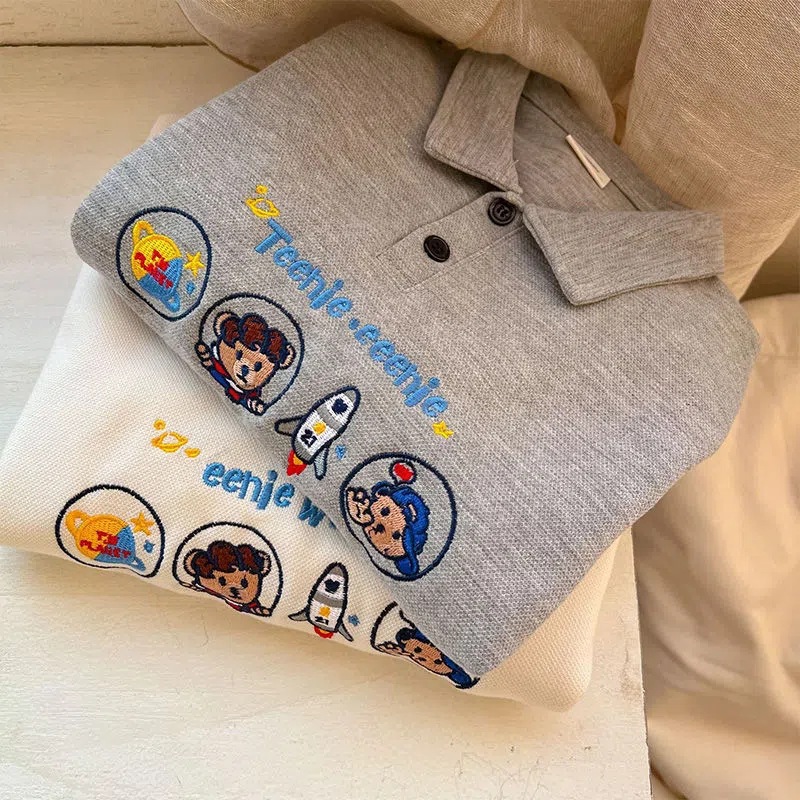 Children's Autumn New Polo Shirt Trendy and Stylish Teddy Bear Embroidery Unisex Baby Long Sleeve Sweatshirt Loose Long Sleeve Top
