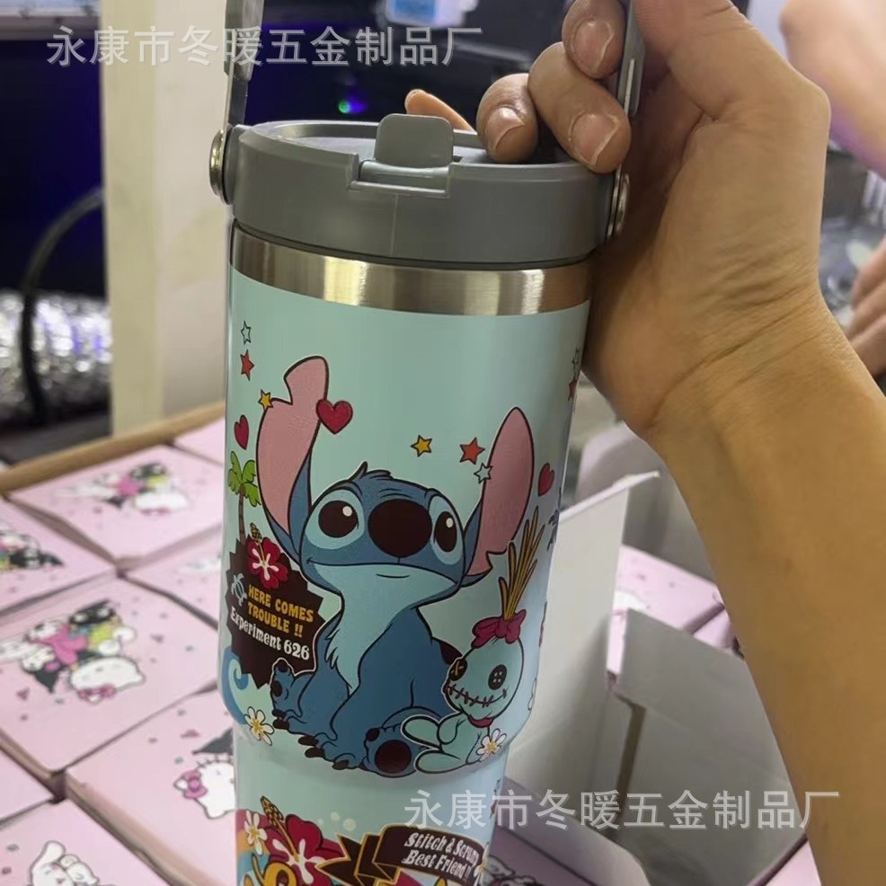 Nuevo 30oz taza de coche patrón de dibujos animados de gran capacidad de acero inoxidable termo de vacío taza de alta apariencia portátil mango de hielo