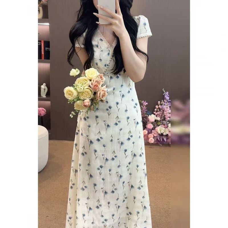 女装法式气质甜美风花边拼接连衣裙女夏季新款设计感收腰显瘦长裙|undefined