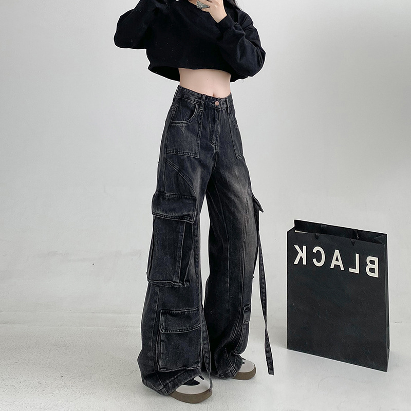 기모 두꺼운 거리 뜨거운 소녀 청바지 여성의 가을과 겨울 2024 새로운 느슨한 스트레이트 플로어 트렌디 한 작업복