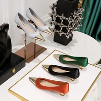 230-20 New Chinese style Women's Shoes with Low Heel, Metal Heel Pattern, Silk, Metal Splicing, Pointed Spring and Autumn Single Shoes