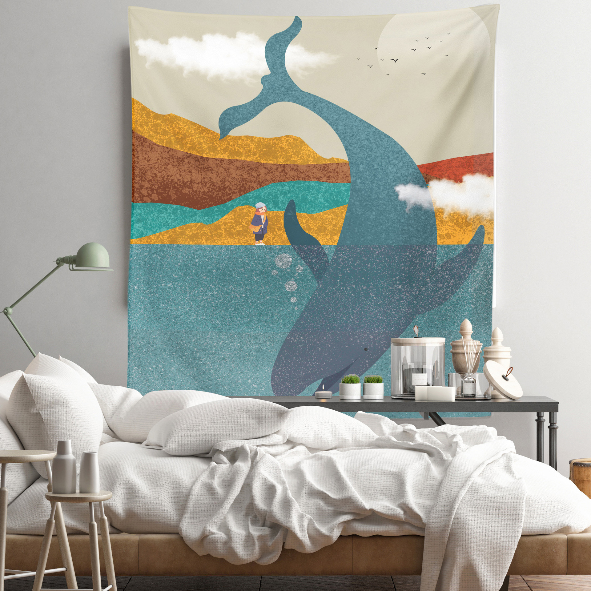跨境货源 新款海豚印花挂毯 家居挂画摄影背景布画
