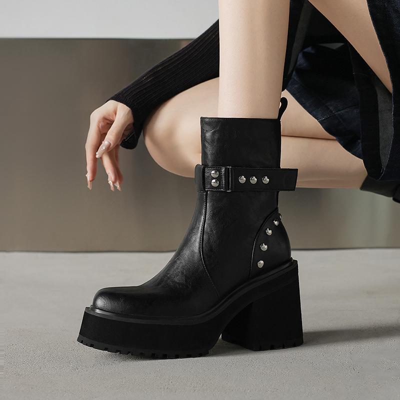 真皮9cm厚底高跟马丁靴女黑色圆头松糕底西部靴辣妹粗跟铆钉短靴