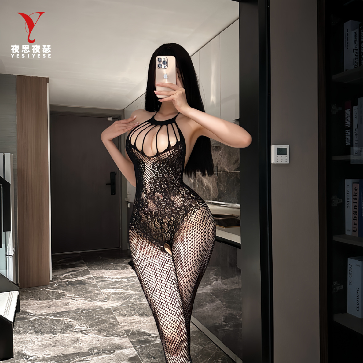 Nighttime Thoughts and Feelings European and American Sexy Hollow-Out Striped Fishnet Lingerie Women's No-Take-Off Tight-Fitting Fishnet Clothing 6064