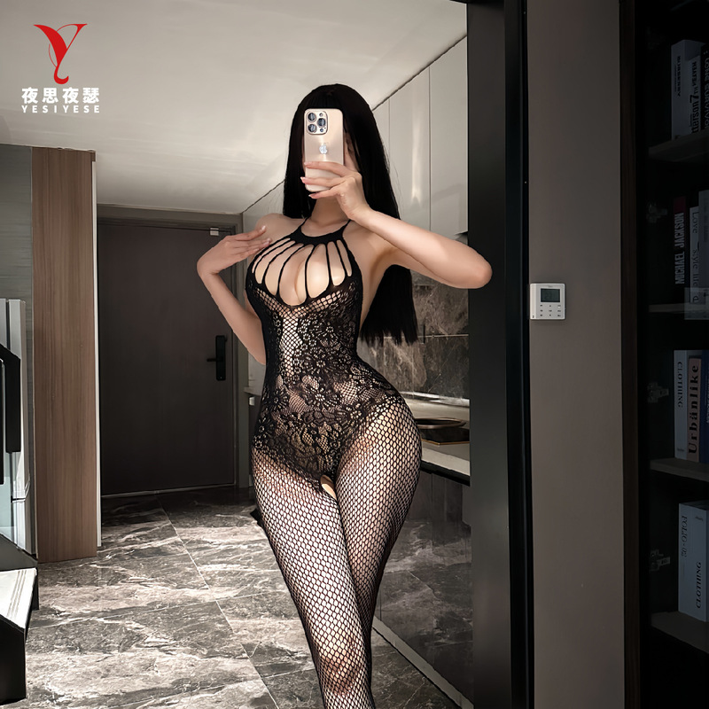 Nighttime Thoughts and Feelings European and American Sexy Hollow-Out Striped Fishnet Lingerie Women's No-Take-Off Tight-Fitting Fishnet Clothing 6064