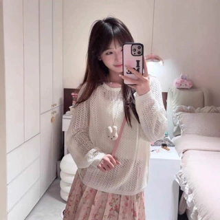 韩系设计感小众镂空针织衫长袖罩衫女春秋薄款外搭慵懒松弛感上衣