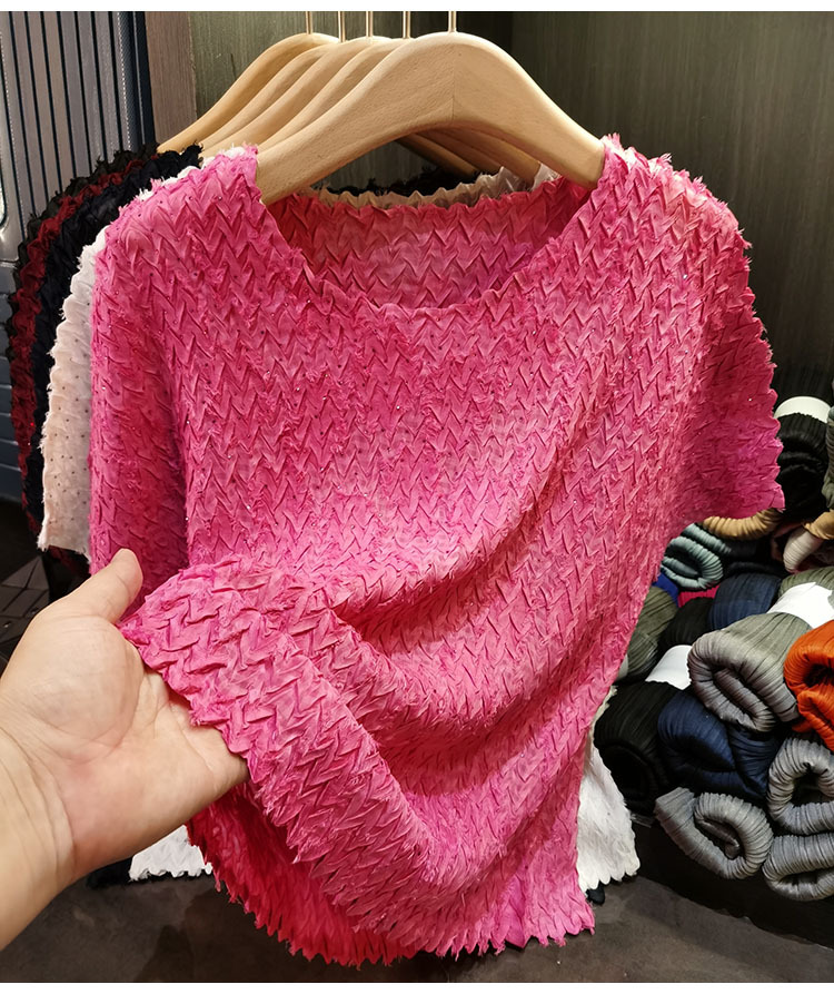 Áo thun cổ tròn dáng rộng tay ngắn xếp ly bèo nhún mùa hè — Màu đen, Màu xanh navy, Màu đỏ hoa hồng, Màu trắng chi tiết 1