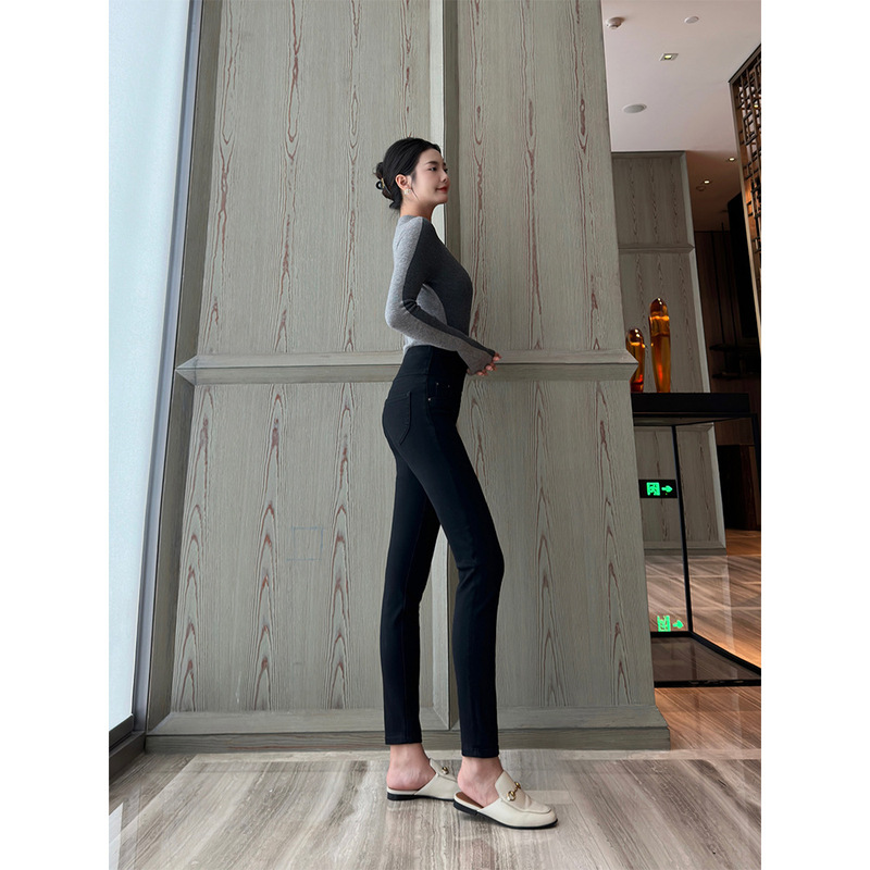 High-Waisted Skinny Jeans for Women, Stretchy, Autumn and Winter, Thin Fleece, Slimming, Straight-Leg, Peach Butt, Pencil Pants