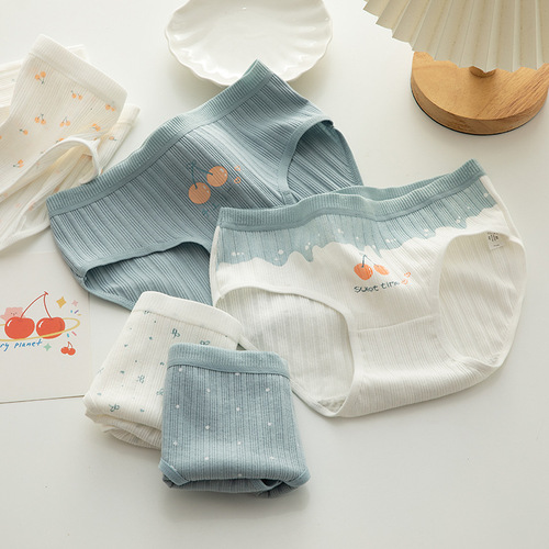 Sweet Cherry Cotton Panties Women's Threaded Soft Breathable Cotton Crotch Briefs Mid-Waist Student Shorts Girls