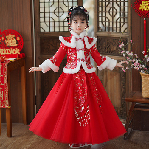 Girl Chinese style festive New Year chinese princess pink red winter Hanfu skirt, Tang Suit Chinese Qipao Cheongsam dress for girls kids