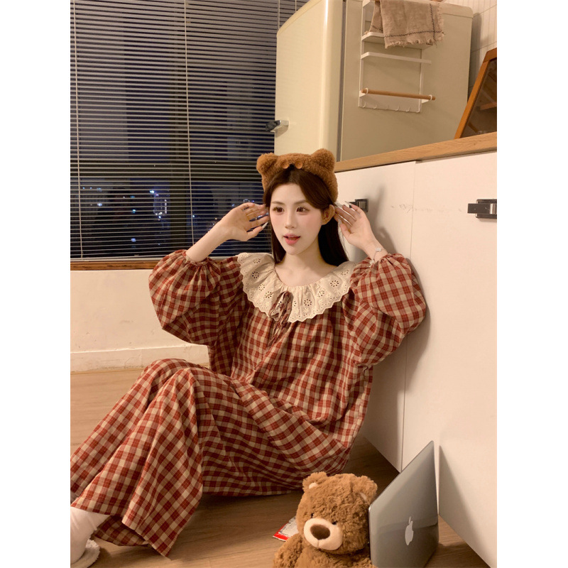 2025 봄 신상 레드 플레드 라운드넥 레이스 긴팔 롱 팬츠 파자마 세트 여성