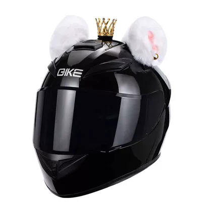 Motosiklet kaskı (dəbilqə) – motorcycle full helmet bow cat - bright-black-white-cat-ears-with-golden-crown-m