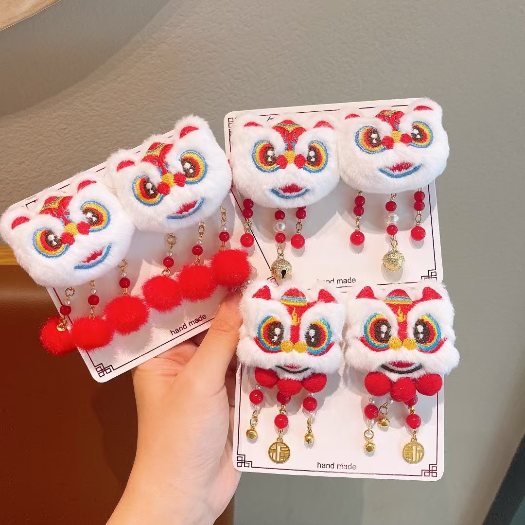 2025 Año Nuevo de peluche despierta león clips de Año Nuevo niñas clips de cabello bebé estilo chino Hanfu clips de cabello adornamiento
