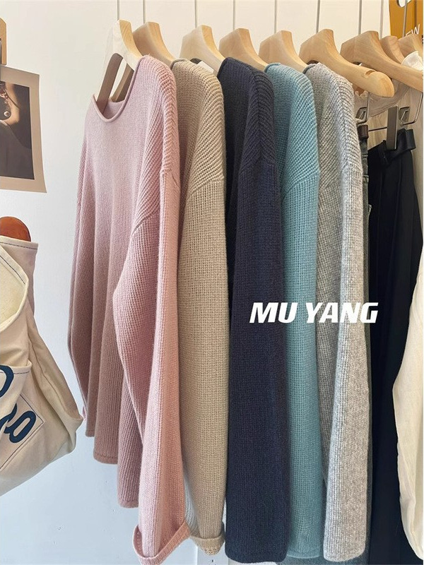 怀旧色调！卷边针织长袖羊毛慵懒毛衣女 净色宽松套头上衣|undefined