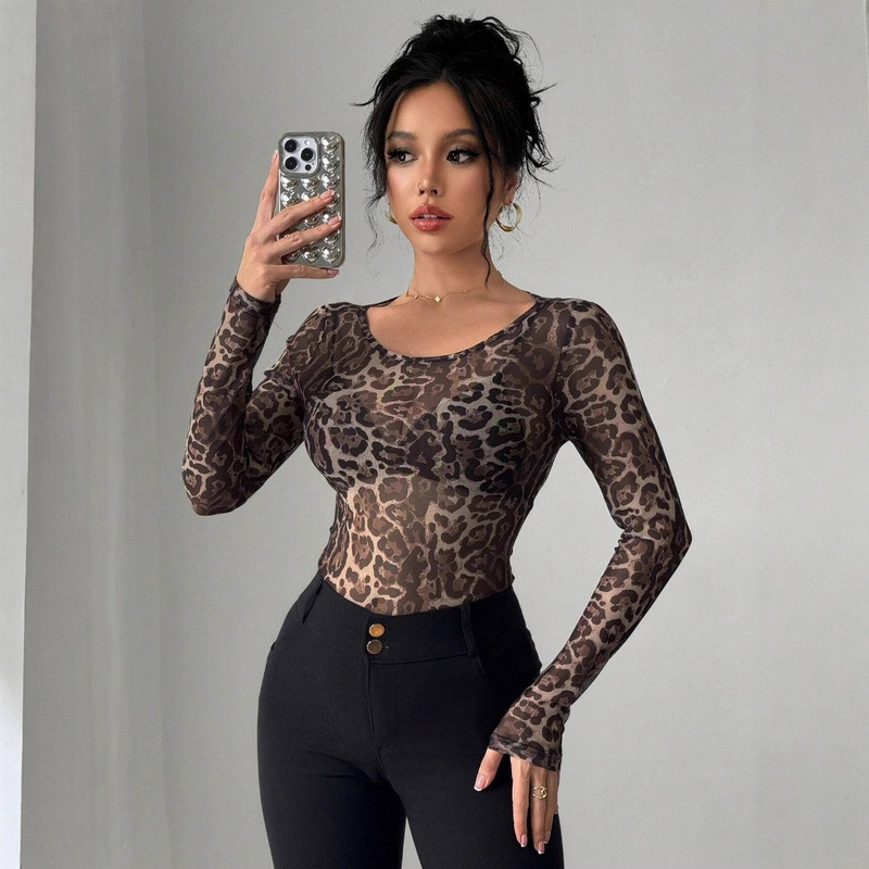 European and American Cross-Border Amazon Ins2025 New Fashion Sexy Transparent Leopard Print Mesh Round Neck Long-Sleeved Slim T-Shirt