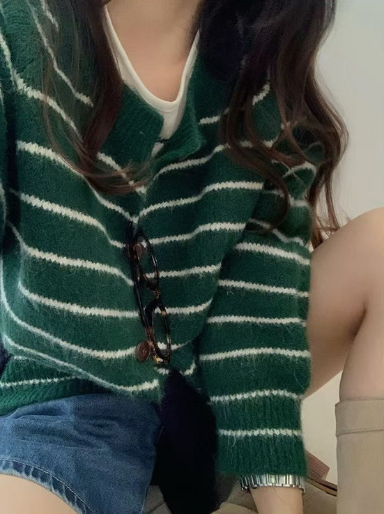 韩系风简约条纹拼接撞色毛衣女秋冬款通勤百搭设计感长袖针织开衫|undefined