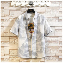2025夏季新款男式时尚潮流短袖衬衫印花青年宽松港风休闲衬衣批发