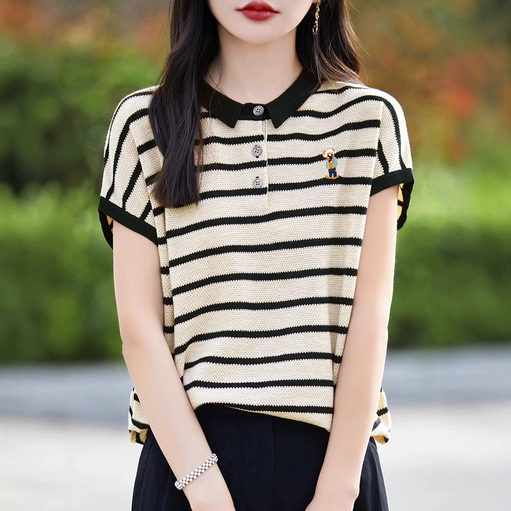 Новый медведь с вышивкой в полоску летающий рукав свитер POLO воротник свободный тонкий ледяной шелк минус топ