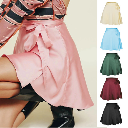 Summer Solid Color High-Waisted Fashion One-Piece Belted Short Skirt Chiffon Satin Wrap Dress