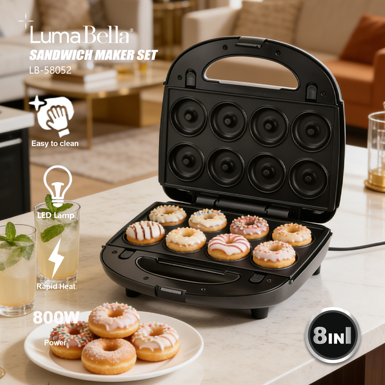 Lumabella58052 Cross-Border Household Eight-In-One Waffle Sandwich Machine Breakfast Machine Donut Hot Dog