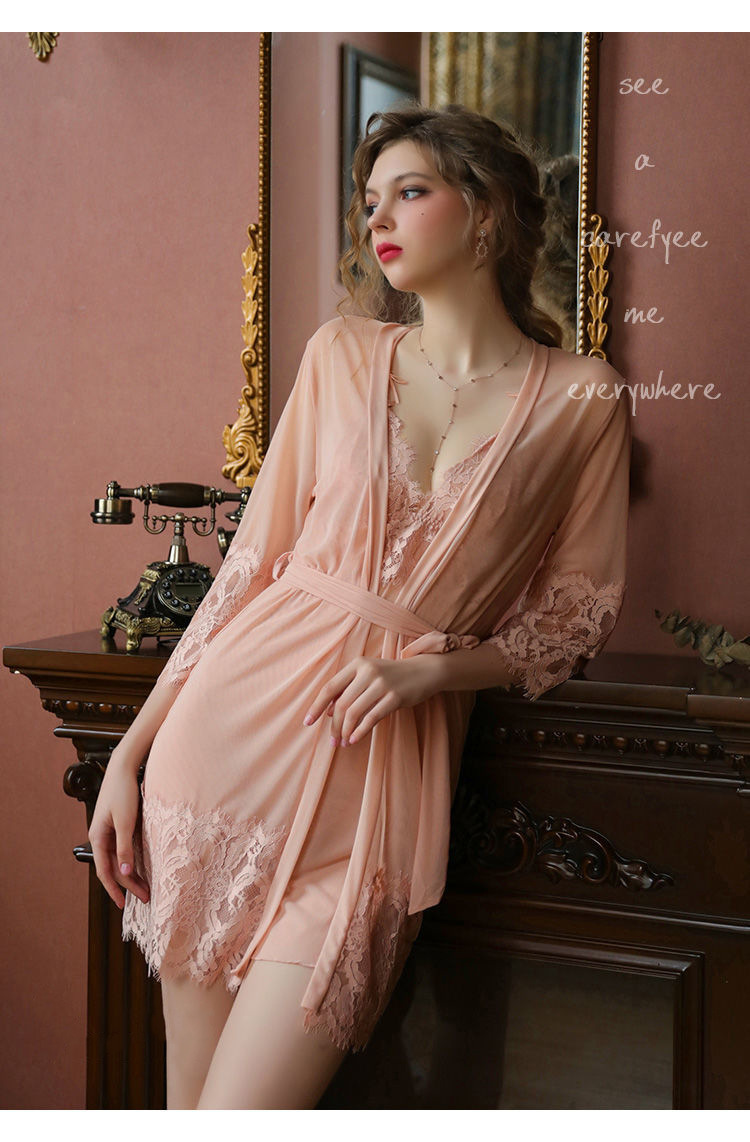 GraceChic GraceChic 2021 Primavera Estate Nuovo Sexy Pigiama da Donna in Stile Europeo Americano Set Due Pezzi Camicia da Notte in Pizzo Sottile e Vestaglia_voghion.com