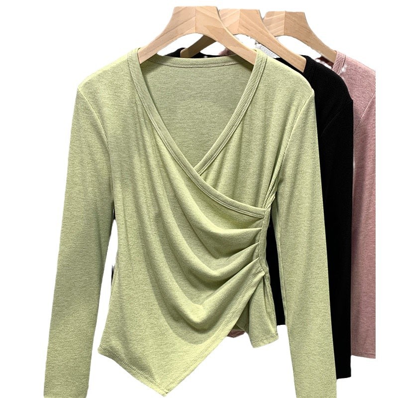 Black V-collar camiseta de manga larga para mujeres 2024 nuevo otoño y invierno delgado diseño sensación de cintura cruzada superior image 6