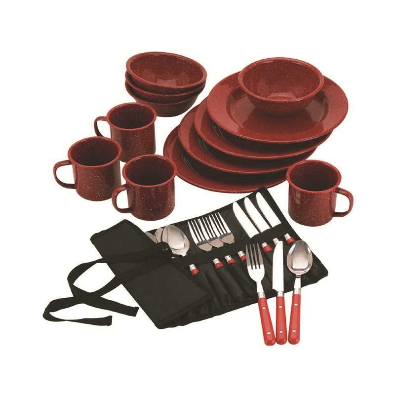 Fixed color outdoor picnic enamel cup bowl and plate 24 piece set enamel picnic knife and fork plate set cooking utensils easy to carry