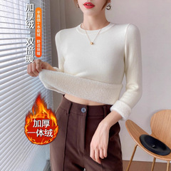 一体绒打底衫女2025新款女装加绒加厚秋冬季内搭圆领毛衣百搭女装