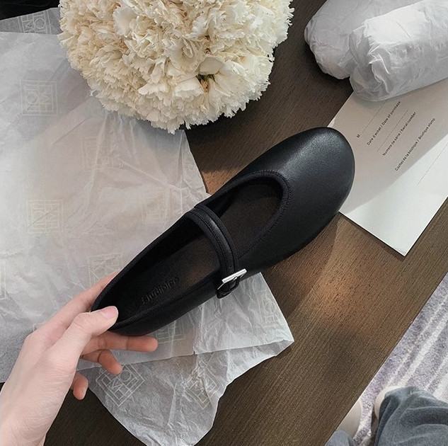 Grape Mom's Same Style Round Toe Row Style One-Line Buckle Genuine Leather Soft Sole Shallow Mouth Mary Jane Shoes for Women 2025 Spring & Fall