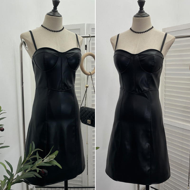 Real Shot Sexy Sling Sheath A line Faux Leather Waist Slimming Short Chest Pad Dress