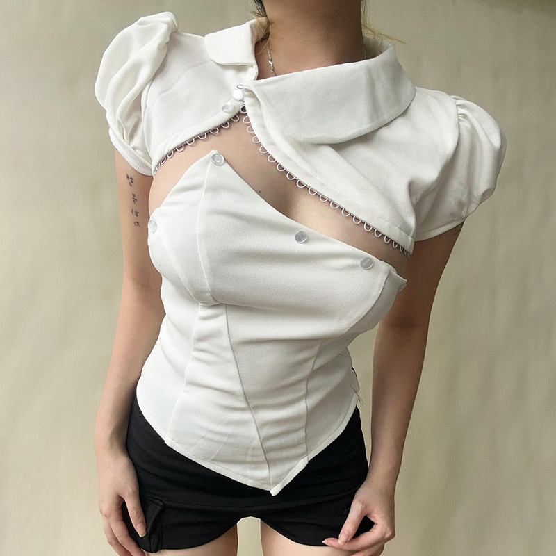 Cross-Border European and American Style 2025 New Women's Fashion Asymmetrical Neckline Puff Sleeve Buttoned Detachable Top Slim Fit Tube Top Irregular Design Cross-Border European and American Style 2025 New Women's Fashion Asymmetrical Neckline Puff Sleeve Buttoned Detachable Top Slim Fit Tube Top Irregular Design