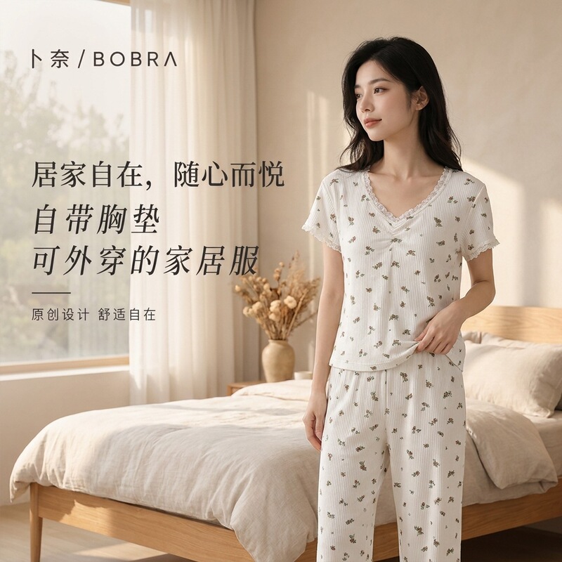 Pajamas for Women, Summer Short-Sleeved Pants Set, Women's Summer Floral Lace Home Clothes, V-Neck, Sweet Lace Trim