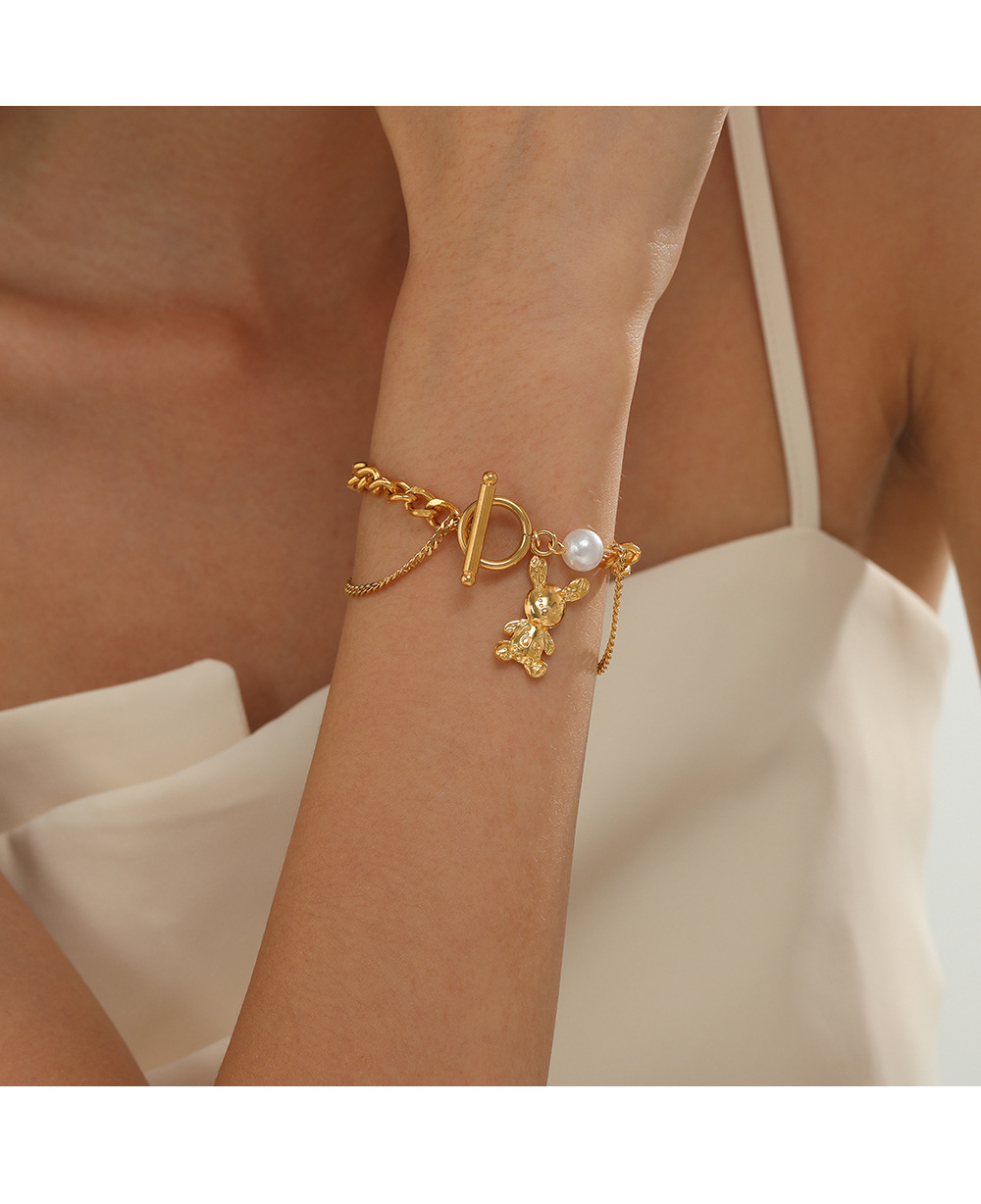 Cute Bear Stainless Steel Gold Plated Artificial Pearls Bracelets