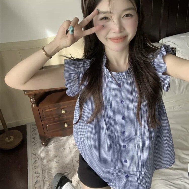 French Style Flying Sleeve Blue Plaid Shirt Women's Summer Design Sense Niche Loose White Sleeveless Doll Shirt Top French Style Flying Sleeve Blue Plaid Shirt Women's Summer Design Sense Niche Loose White Sleeveless Doll Shirt Top
