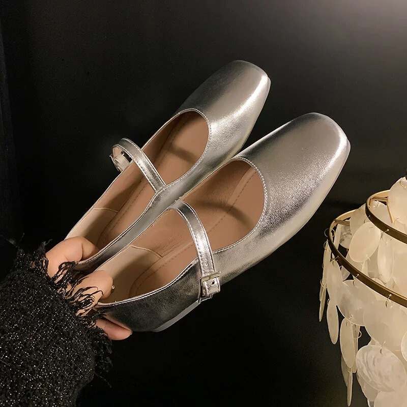 Genuine Leather ~ New French Style Square Toe Mary Jane Shoes Shallow Mouth One-word Buckle Retro Ballet Shoes Flat Single Shoes for Women