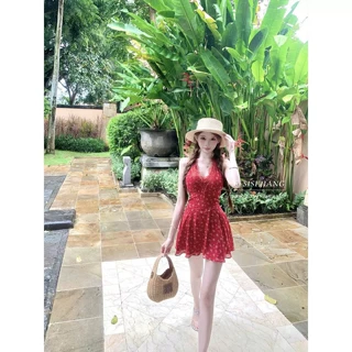 法式挂脖吊带红色连衣裙子女夏季2026新款海边度假感露背短裙女装