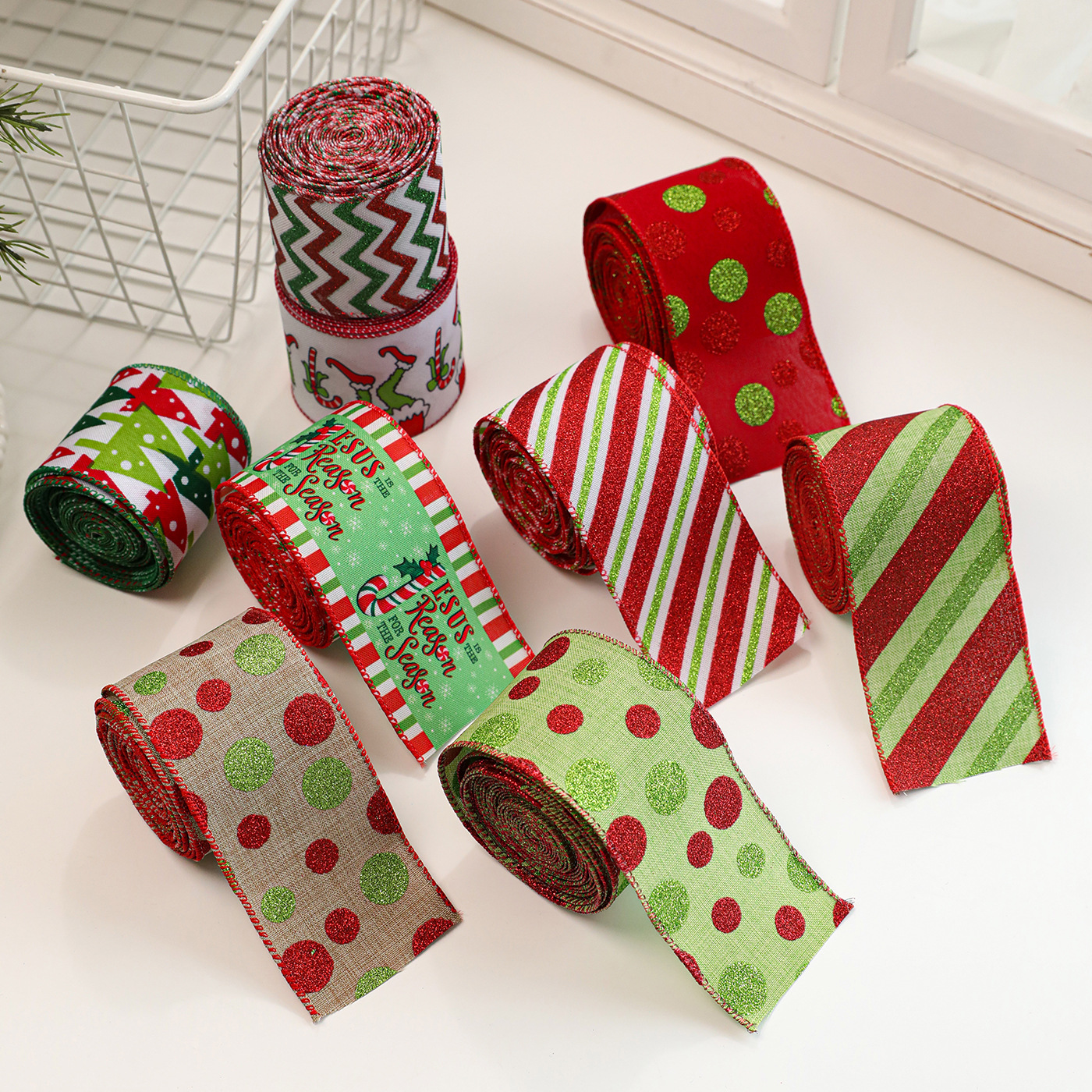 Ribbon de Navidad rayas de color ribbon minimalista árbol de Navidad guirnaldas decoración de regalo embalaje arco diseño de atmósfera