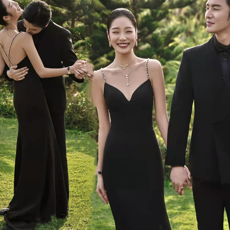 New Cross-Border Photo Studio Theme Black Suspender Travel Photography Couple Photo Dress Girly Style Wedding Dress Wholesale