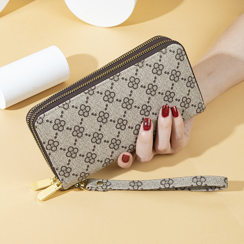 Long Women's Double Zipper Wallet European and American Fashion Four-Leaf Flower Print Large Capacity Simple Mobile Phone Bag Clutch Bag Wholesale Long Women's Double Zipper Wallet European and American Fashion Four-Leaf Flower Print Large Capacity Simple Mobile Phone Bag Clutch Bag Wholesale