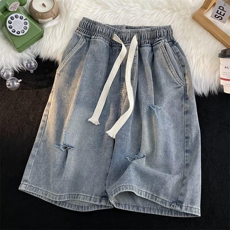 2025 Summer Ripped Denim Shorts Men's Thin Loose Five-Point Pants Hong Kong Style Versatile Pants Wide-Leg Casual Mid-Pants