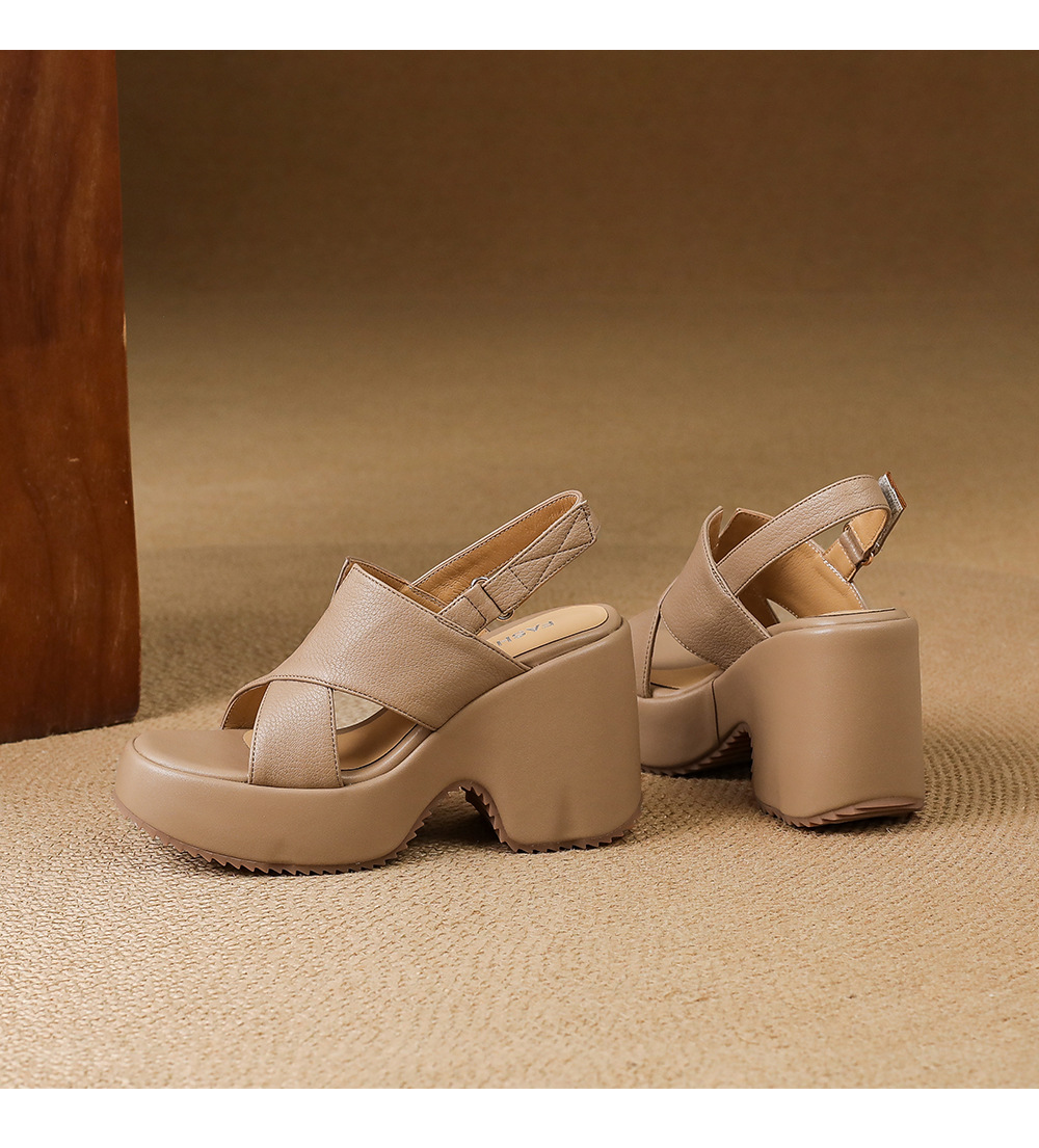 Sandal cao gót nữ hở mũi đế xuồng 10 cm da thật phong cách La Mã — màu trắng ngà, màu mơ chi tiết 16
