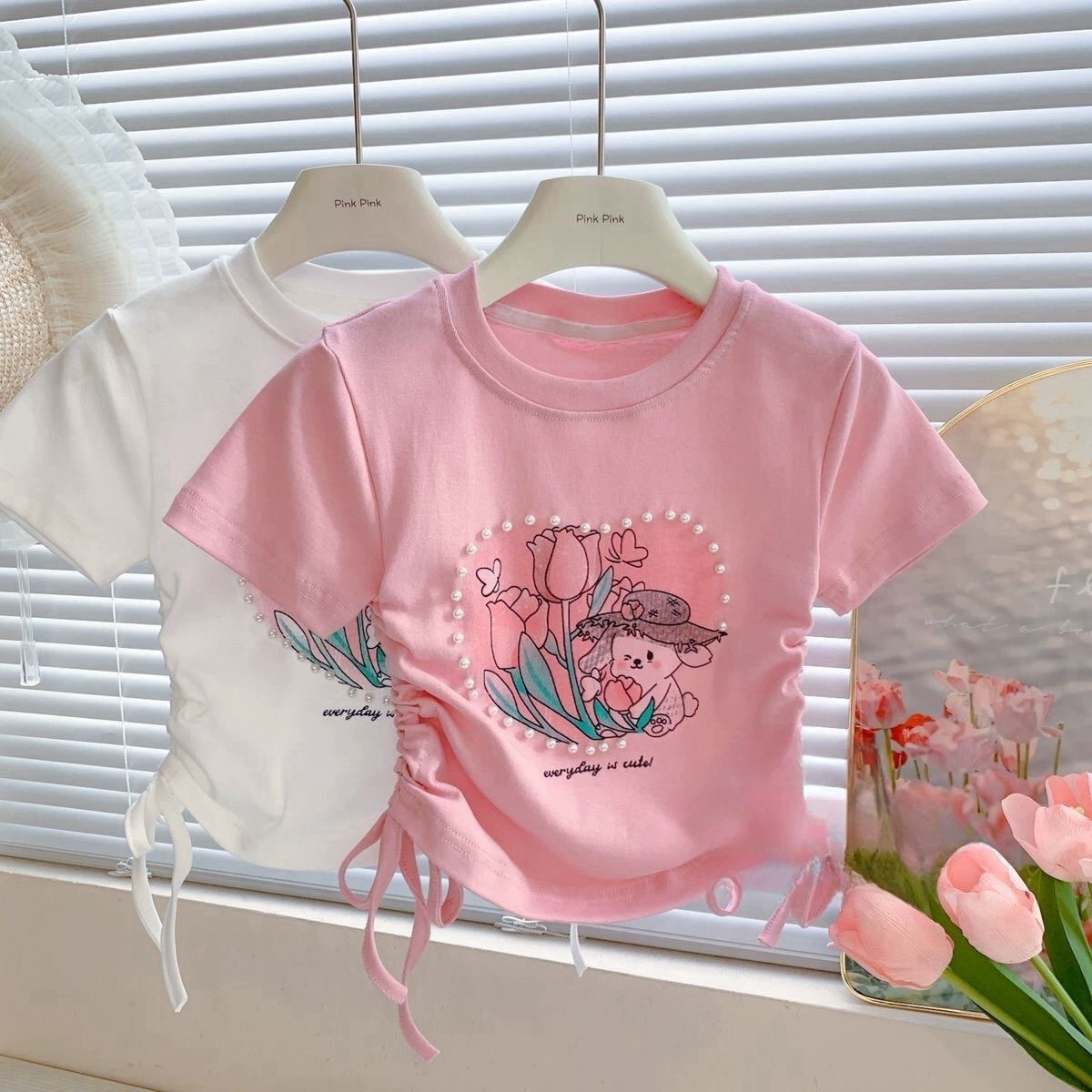 Веревка с коротким рукавом блузка 2025 летняя новая девушка ребенок жемчуг любовь сладкая мультяшная футболка с короткими рукавами летом