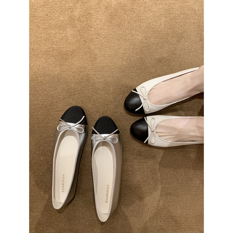Grape Mom Same Style Cowhide French Single-layer Shoes Small Chanel Style Color-matching Bow Round Toe Shallow Mouth Elegant Ballet Shoes