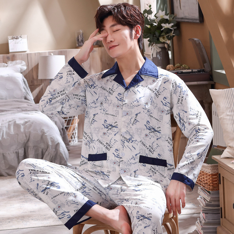 Pijamas de los hombres de manga larga de algodón de primavera y otoño delgada más el tamaño de prendas de vestir exteriores de los hombres pijamas de invierno homewear