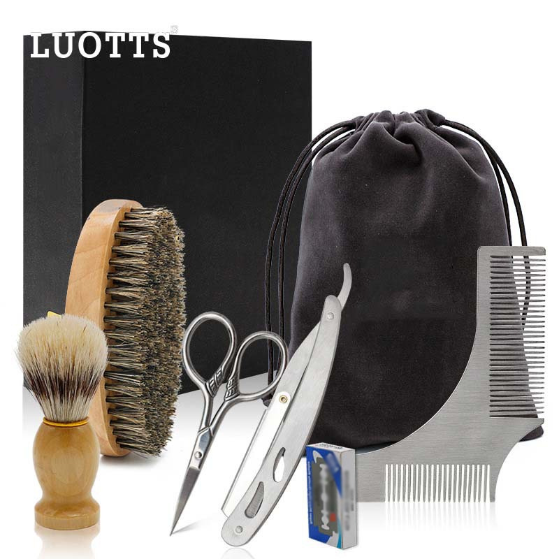 LUOTTSStainless Steel Beard Stencil Men's Care Set Beard Brush Beard Styling Tool Oval Brush