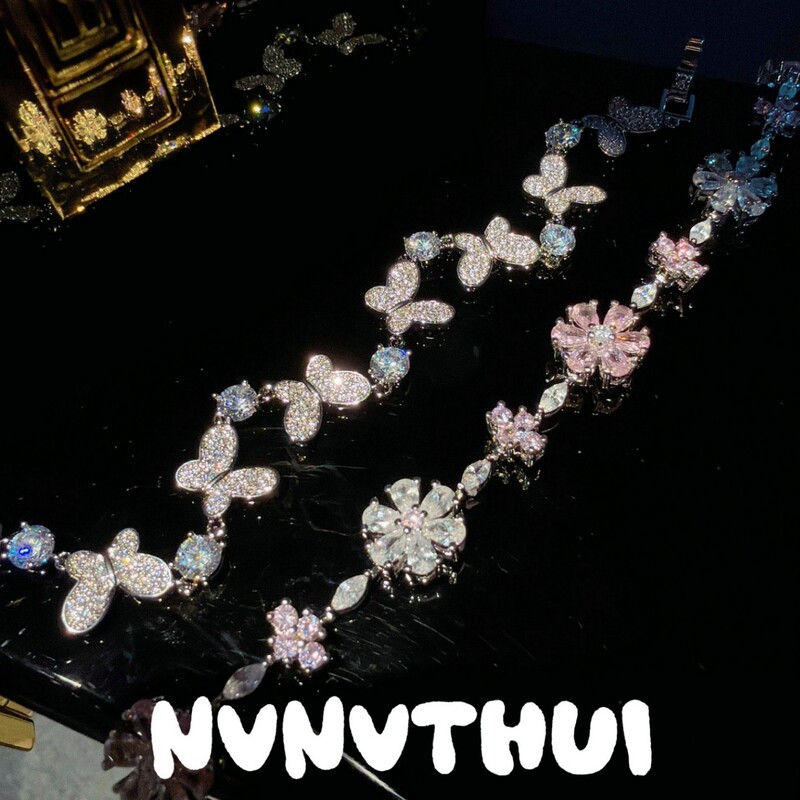 Jewelry: Floral Pink Diamond Forget-Me-Not Gemstone Bracelet, High-End Design for Wealthy Women, Entwined Butterfly Full Diamond Bracelet, Stackable Jewelry: Floral Pink Diamond Forget-Me-Not Gemstone Bracelet, High-End Design for Wealthy Women, Entwined Butterfly Full Diamond Bracelet, Stackable